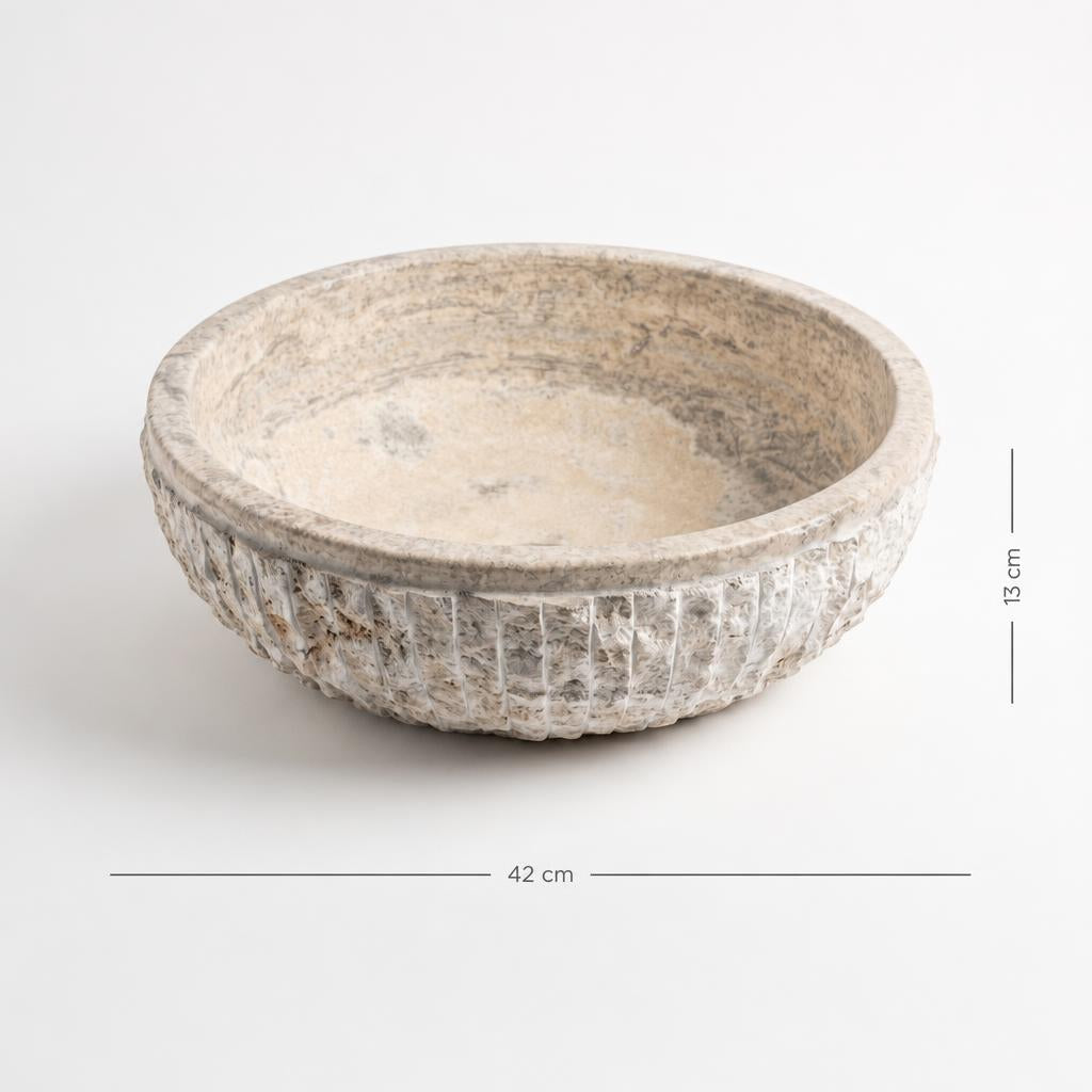 Doğal taş yuvarlak lavabo — ölçülü görünüm, 42 cm genişlik, 13 cm yükseklik