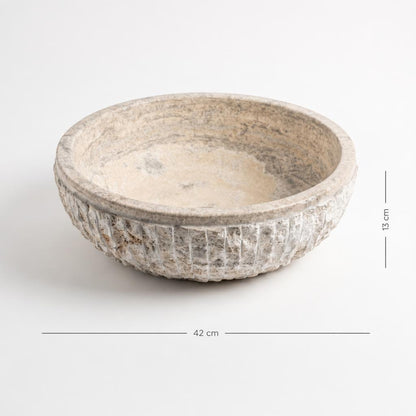 Doğal taş yuvarlak lavabo — ölçülü görünüm, 42 cm genişlik, 13 cm yükseklik
