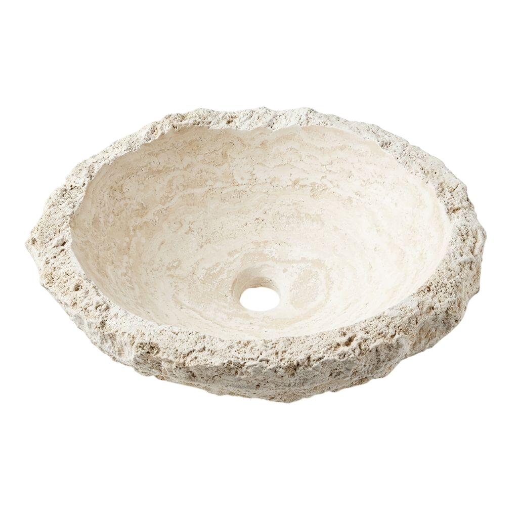 Doğal Taş Yuvarlak Lavabo — Keski Yivli, 42 cm — stüdyo görünümü